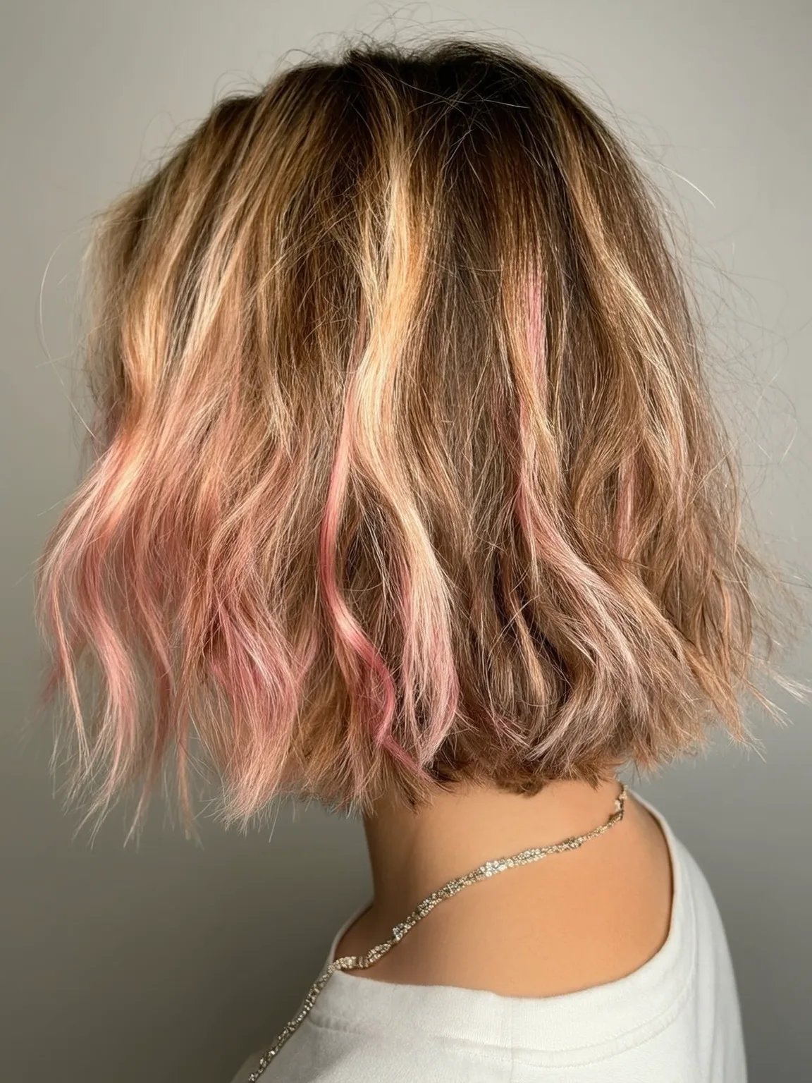 Chin-Length Textured Bob with Sandy Blonde and Pink